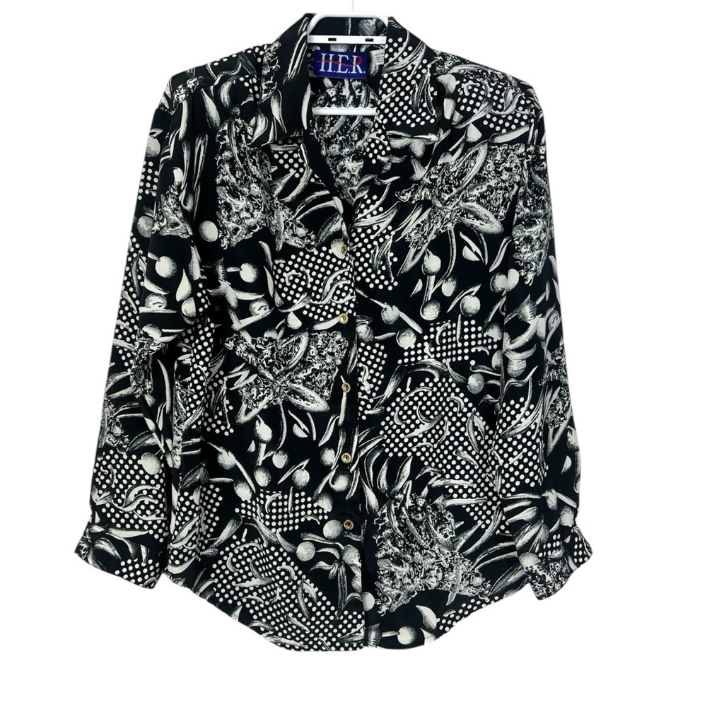 H.E.R Vintage 90s Black & White Patterned oversized Button-Up Shirt unisex S